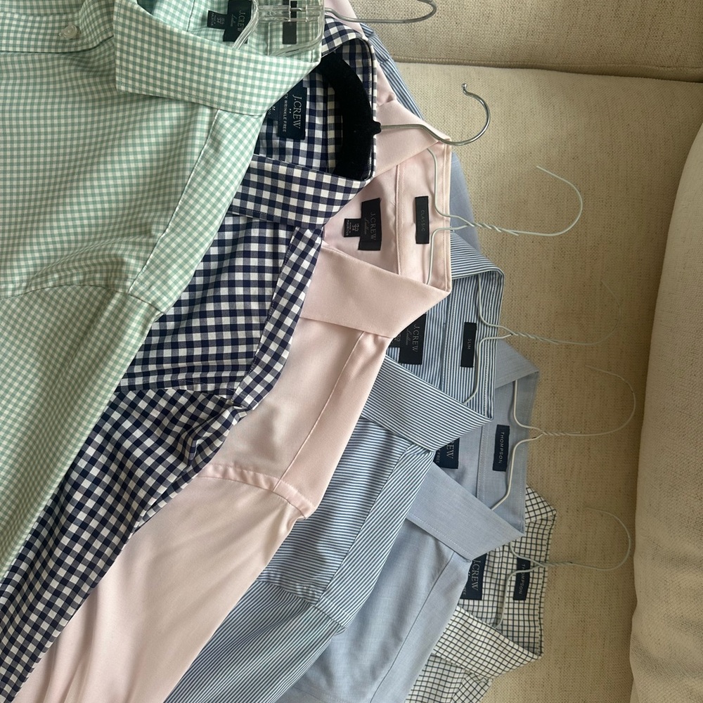 Six J. Crew Men's Casual Button Down Shirts in Green, Blue, Pink, and Gray